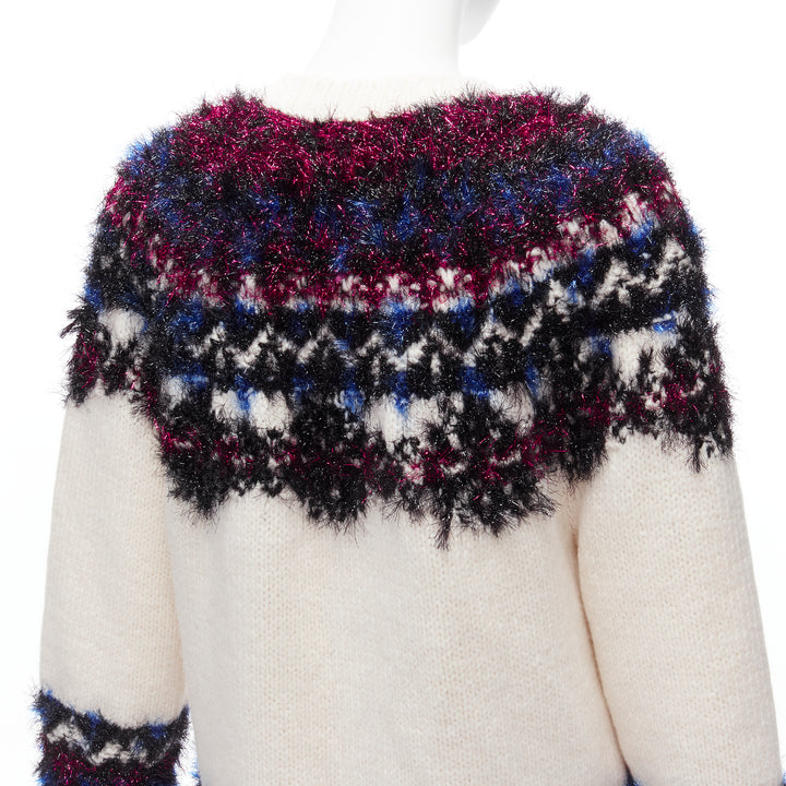 CHANEL pink blue fluffy lurex cream intarsia crystal CC button cardigan FR36 S