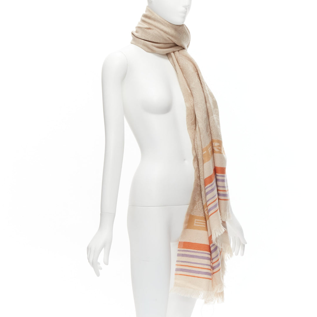 ETRO Home Collection 100% merino wool beige logo stripes fringe scarf