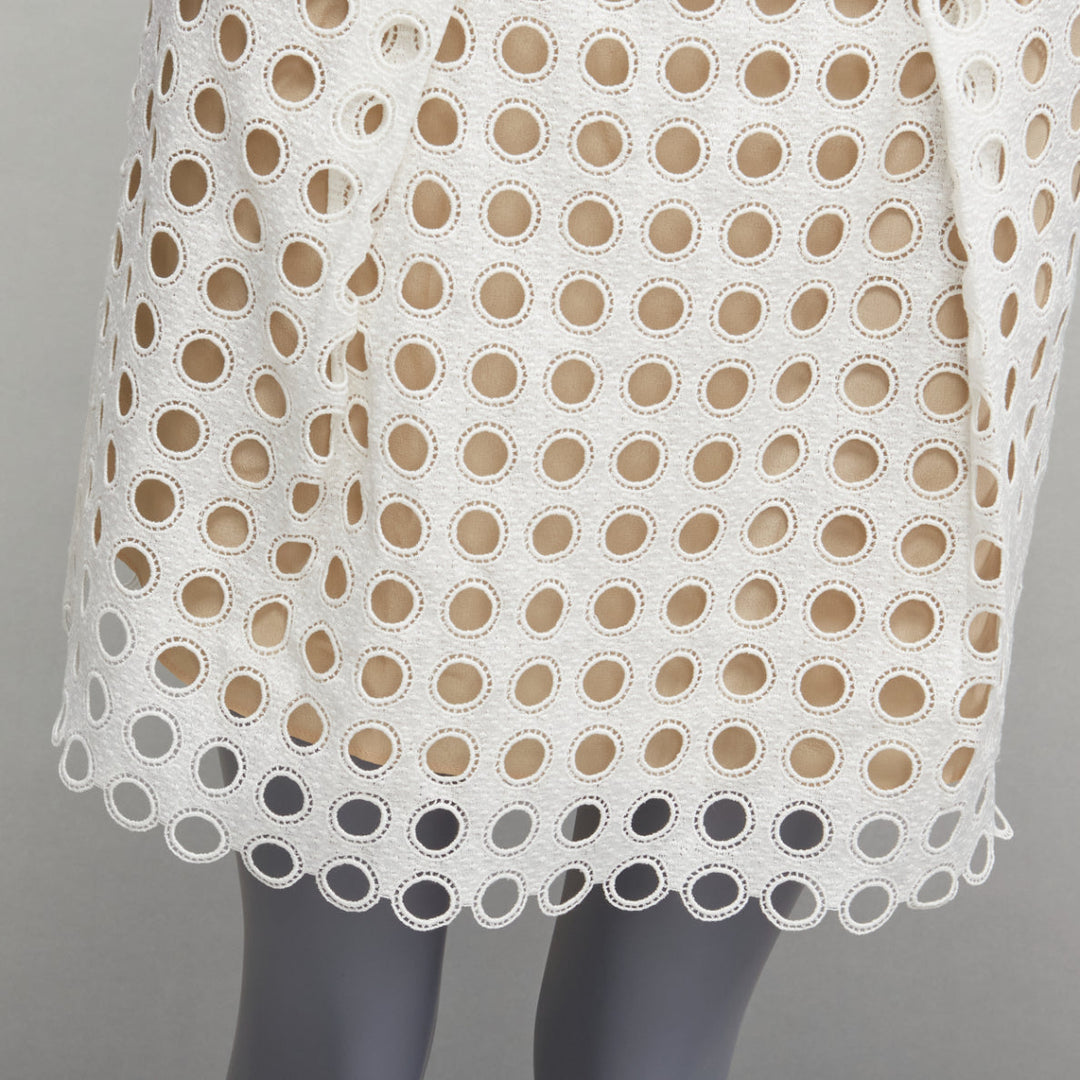 CHLOE white embroidery anglais eyelet layered silk lined skirt FR34 XS