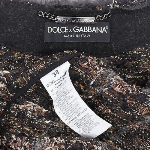 DOLCE GABBANA brown black wool tweed shearling fur trimmed cape poncho jacket XS