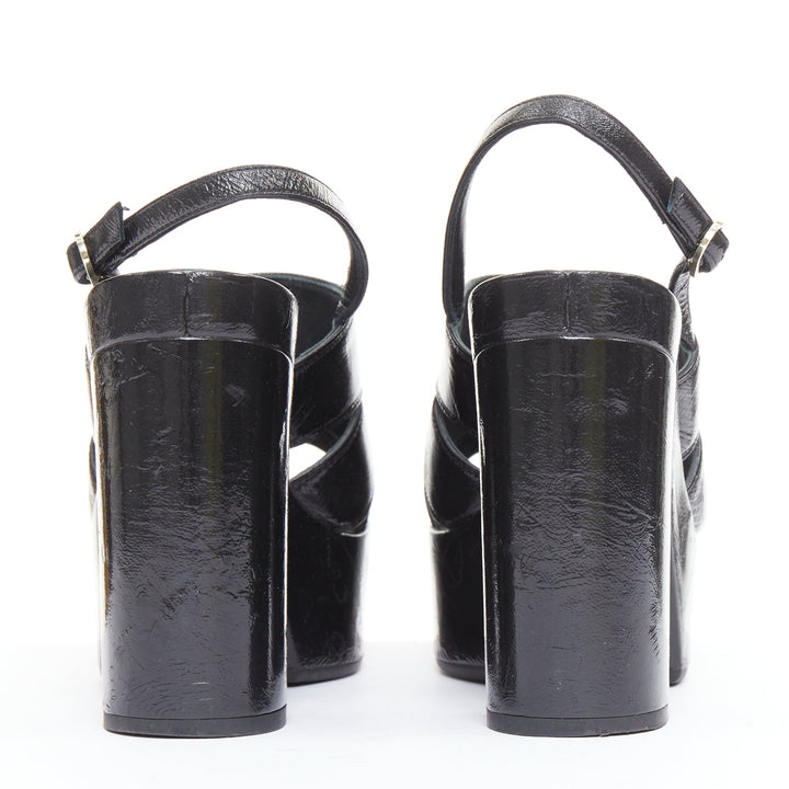 CHANEL 2024 black crumpled leather silver CC logo wedge platform heels EU37.5