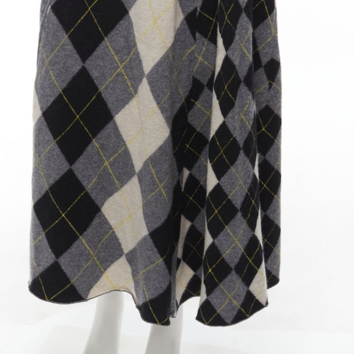 PRINGLE OF SCOTLAND wool grey argyle yellow sweater asymmetric midi skirt XS