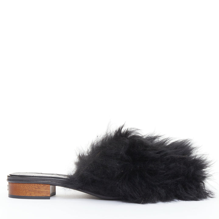 CHANEL black silver CC logo mongolian lamb fur fluffy slippers EU37.5