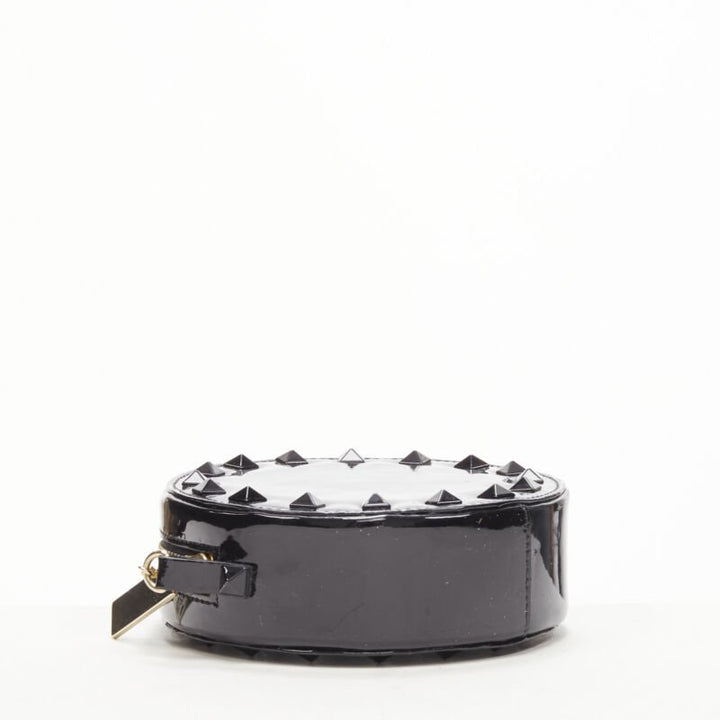 VALENTIN Rockstud black patent leather studded gold chain circle crossbody bag