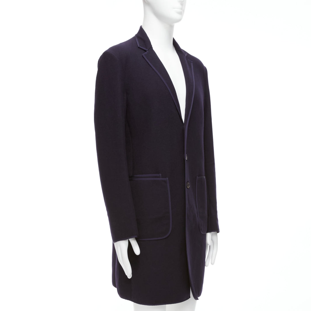 NEIL BARRETT navy wool blend ribbon trimmed pocket detail long coat IT48 M