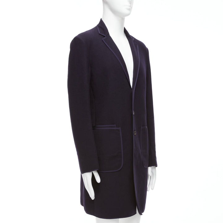 NEIL BARRETT navy wool blend ribbon trimmed pocket detail long coat IT48 M