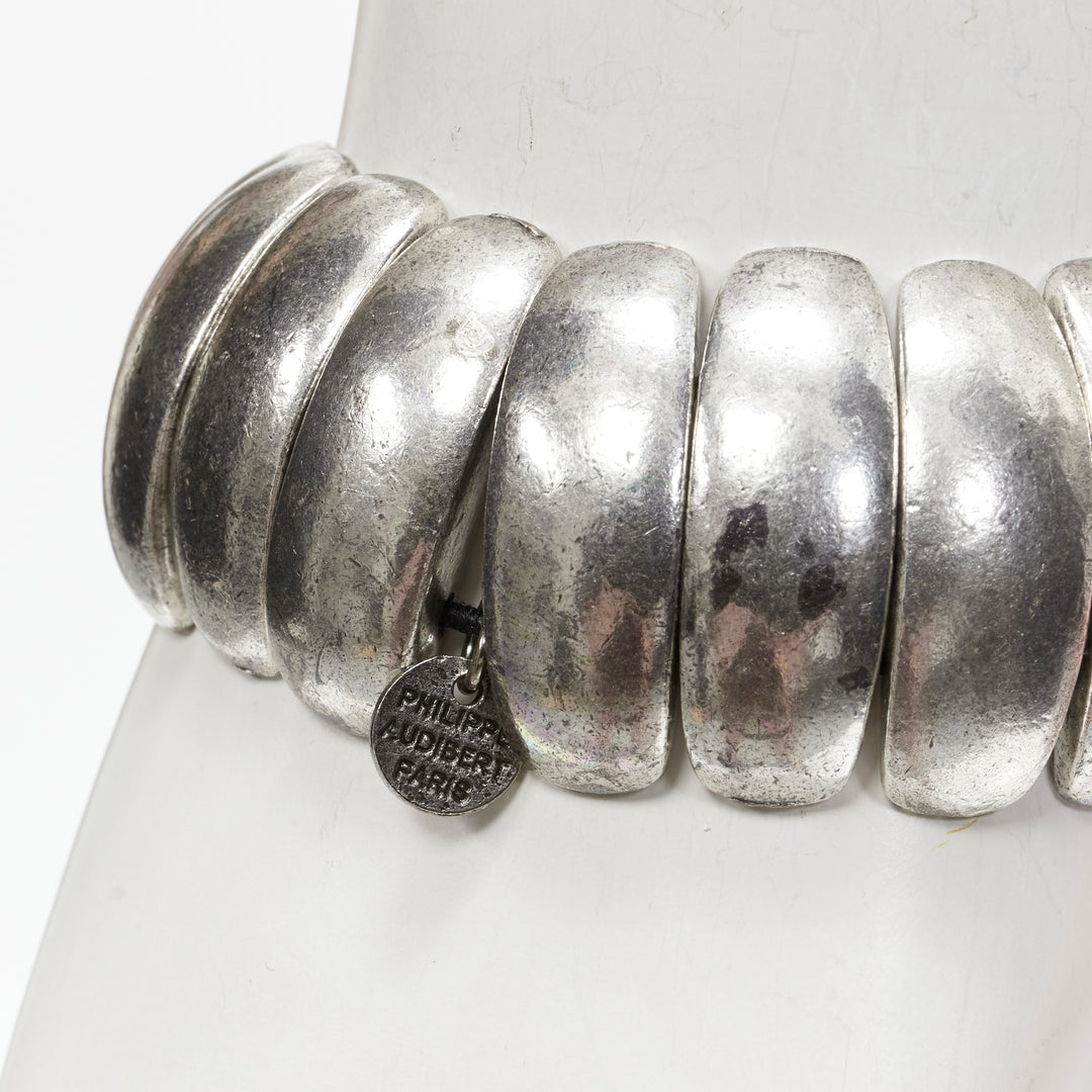PHILLIPE AUDIBERT antique silver logo plate cuff elastic bracelet