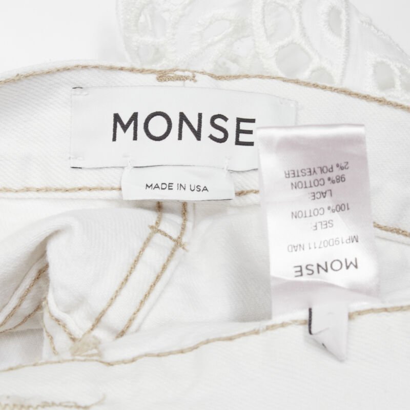 MONSE white denim cotton embroidery anglais draped trim straight leg jeans US2 S