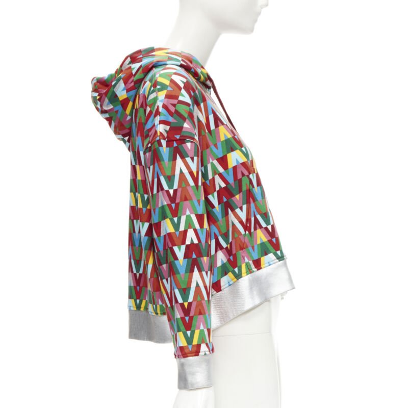 VALENTINO V Optical graphic logo silver foil oversized cropped cotton hoodie S