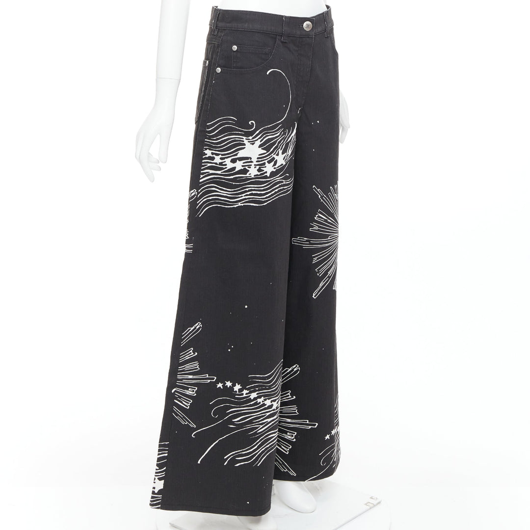 CHANEL 22C black white CC horoscope star print wide leg jeans FR40 L
