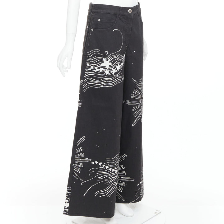 CHANEL 22C black white CC horoscope star print wide leg jeans FR40 L
