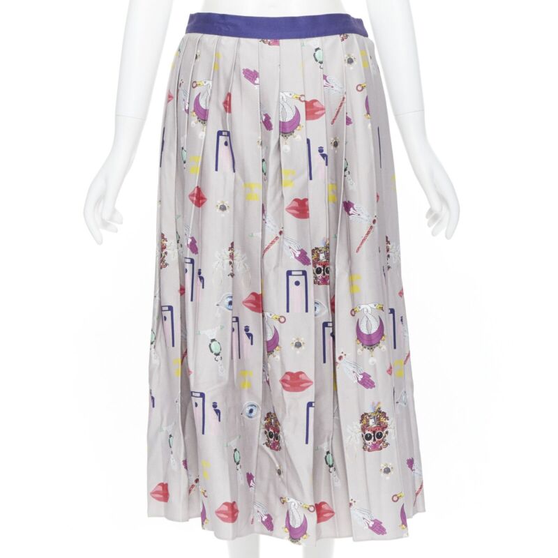 MARY KATRANTZOU grey mixed illustration print pleated midi flared skirt UK10 27"