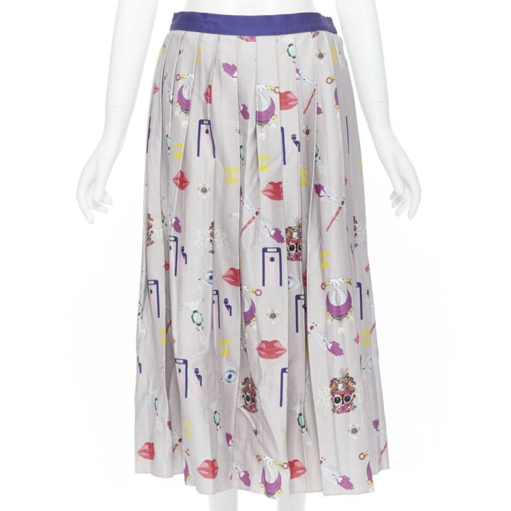 MARY KATRANTZOU grey mixed illustration print pleated midi flared skirt UK10 27"