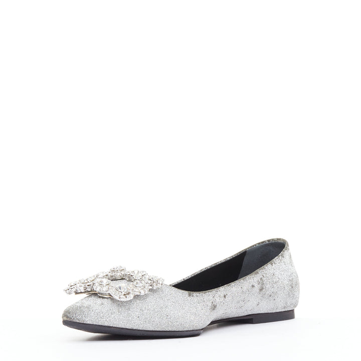 ROGER VIVIER silver glitter crystal buckle pointy toe ballerina flats EU37