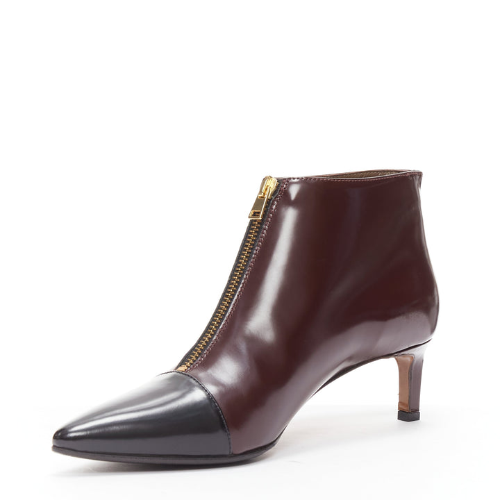 MARNI dark brown black toe cap kitten heel zip front bootie EU37