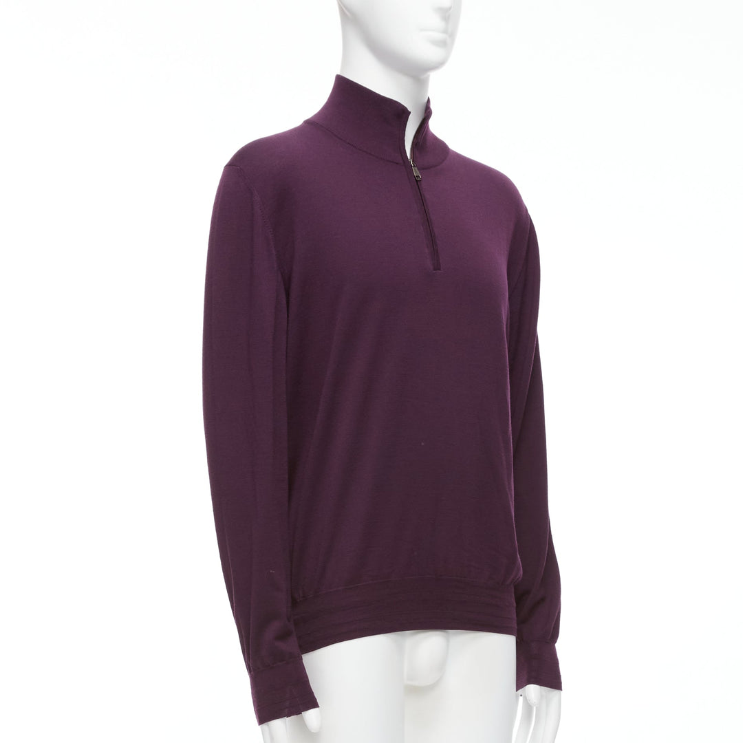 BRIONI 100% wool eggplant purple silk trimmed half zip long sleeve sweater
