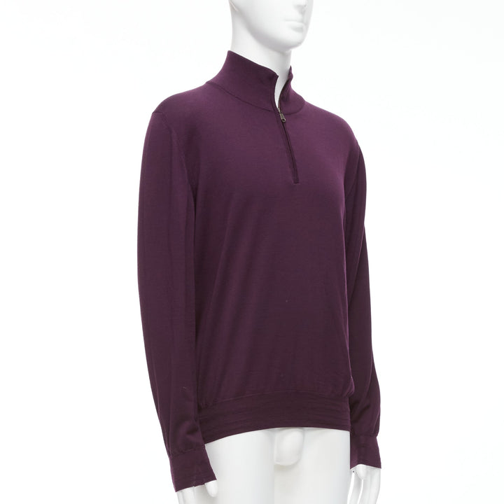 BRIONI 100% wool eggplant purple silk trimmed half zip long sleeve sweater