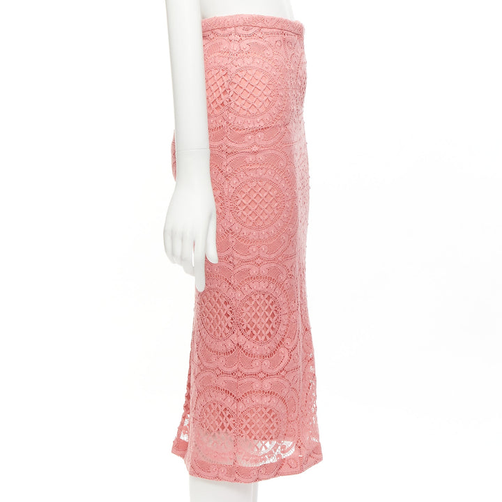 BURBERRY Runway pink cotton blend floral lace high waisted pencil skirt IT36 XXS