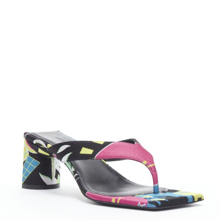 BALENCIAGA 2020 floral satin square toe mid heel mule thong sandals EU35