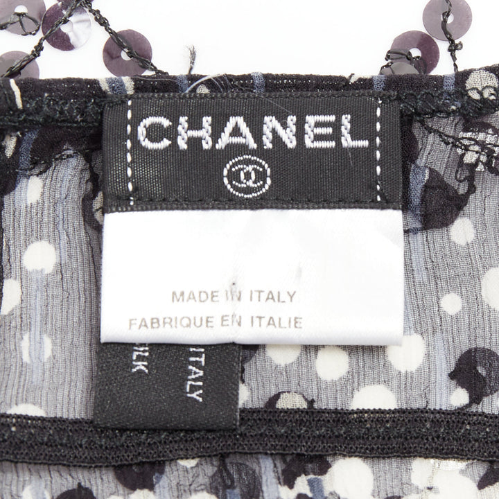 CHANEL 02A black grey sequin fringe applique sheer camisole FR38 M
