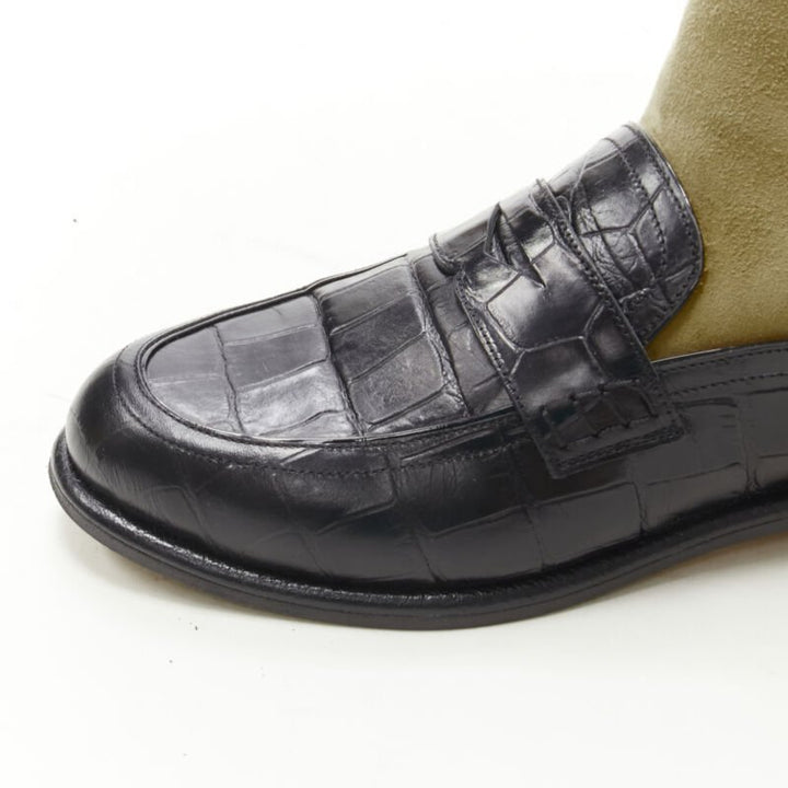 LOEWE black black scaled leather embossed brown suede sock loafer boot EU36