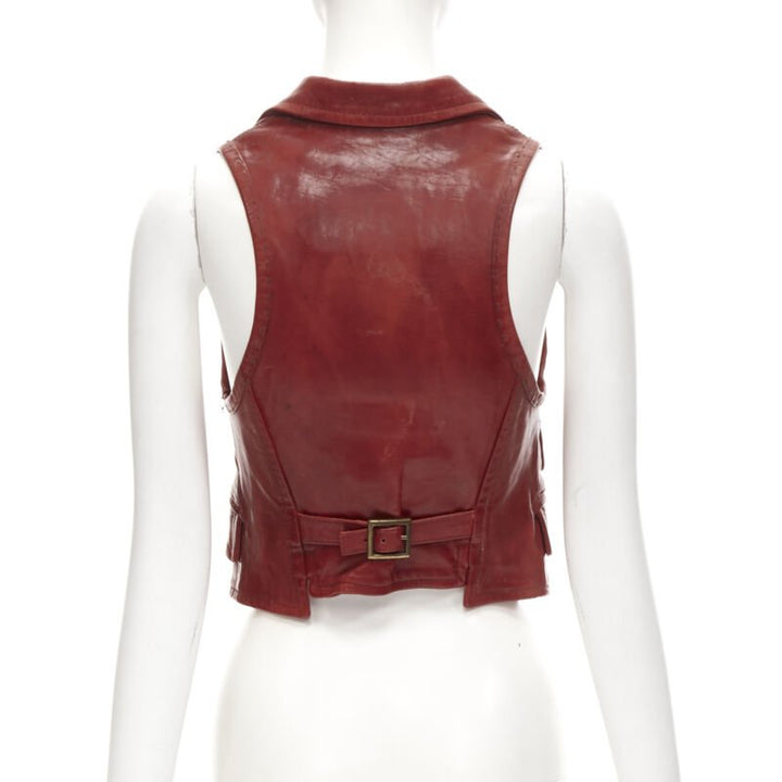 DSQUARED2 Y2K distressed red leather hook bar cropped vest S