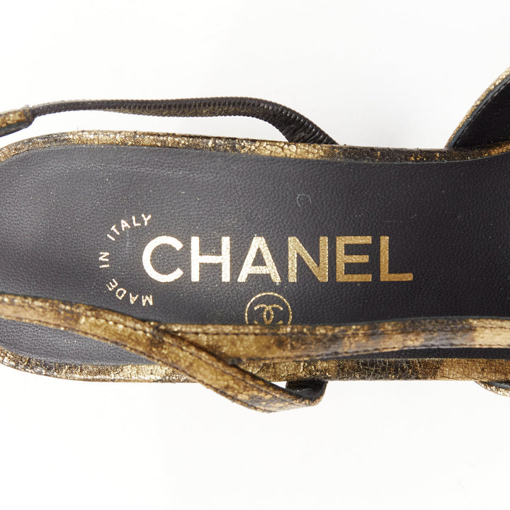 CHANEL gold black calfskinleather CC toe cap sling kitten pumps EU38