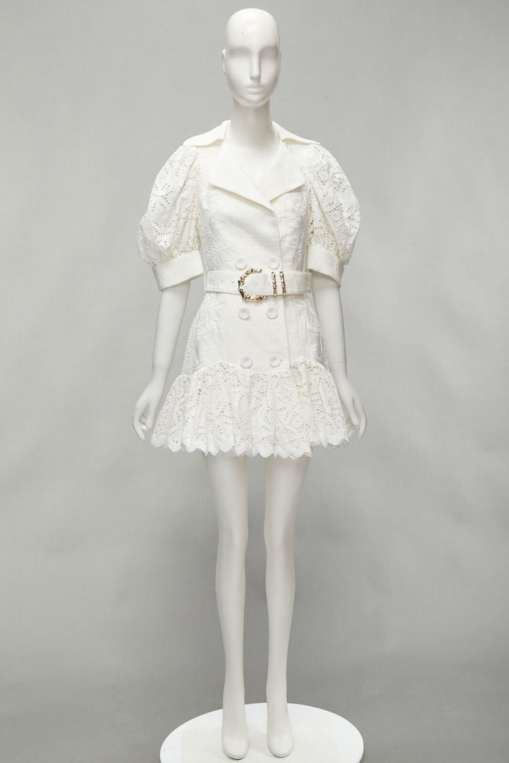ACLER white embroidery eyelet puff sleeve belted double breasted dress US2 XS