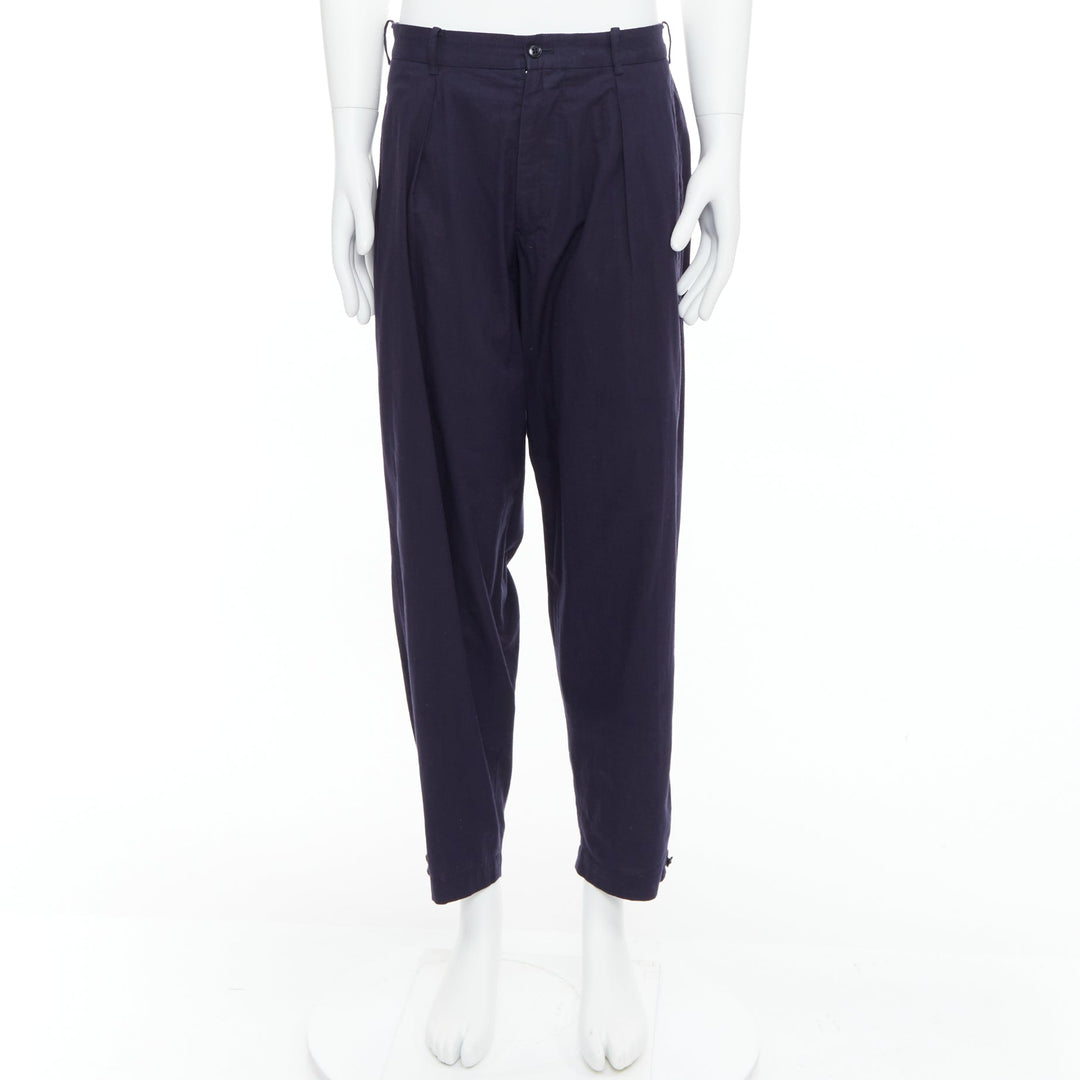 YOHJI YAMAMOTO navy 100% cotton pleated front tapered pants JP4 XL