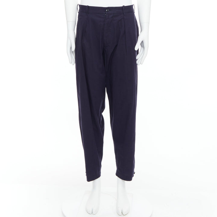 YOHJI YAMAMOTO navy 100% cotton pleated front tapered pants JP4 XL