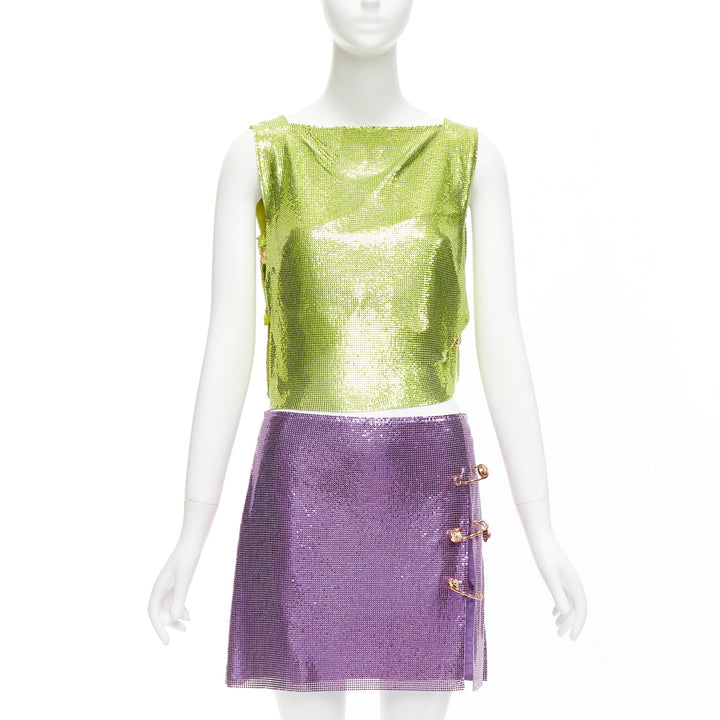 rare VERSACE 2022 Runway green purple metal chainmail safety pin top skirt IT38