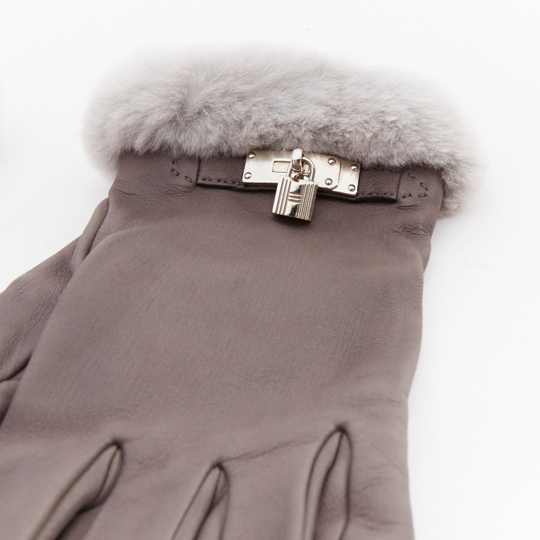 HERMES Princesse grey swift leather silver hardware H lock gloves Sz7