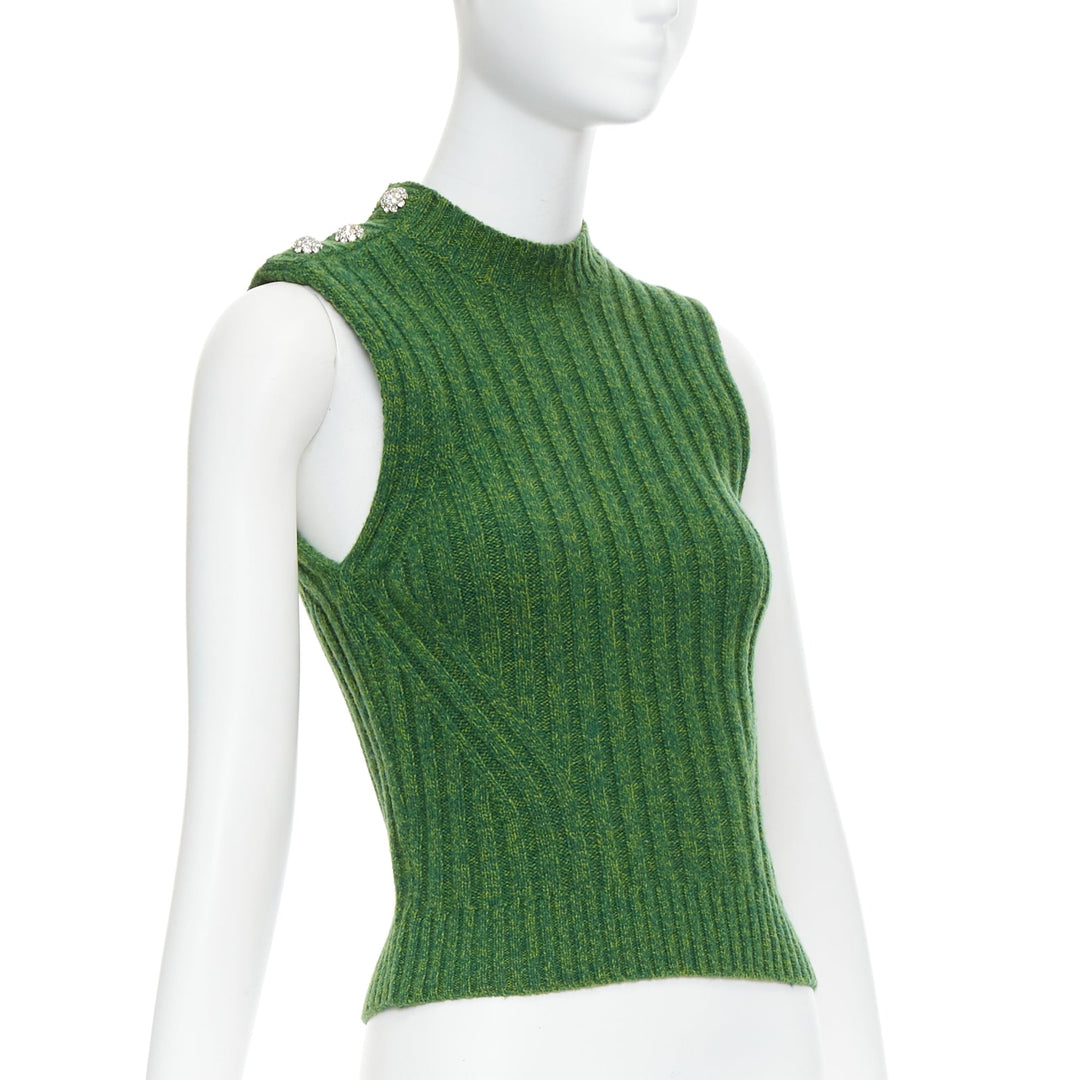 GANNI green recycled wool blend crystal button crew cropped vest XXS