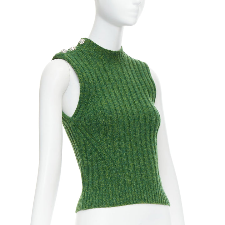 GANNI green recycled wool blend crystal button crew cropped vest XXS