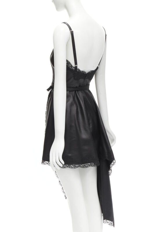 ALEXANDER MCQUEEN 2022 black leather lace asymmetric wrap draped dress IT38 XS