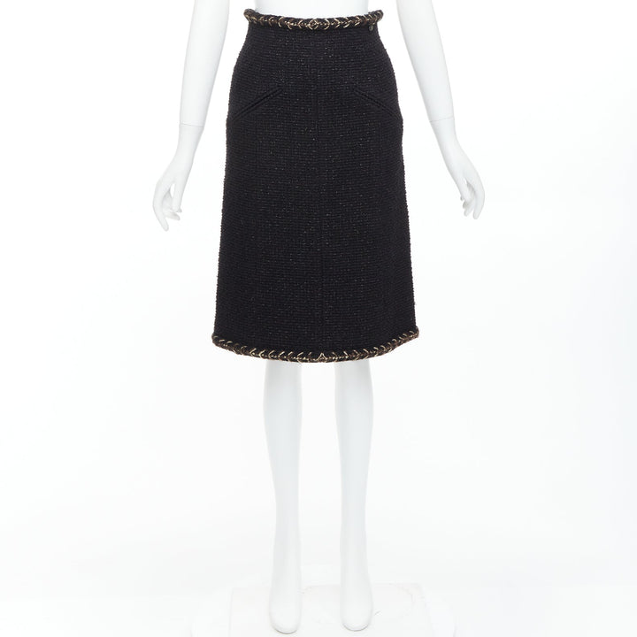 CHANEL 18K black cotton tweed brown gold braided trim tweed skirt FR34 XS