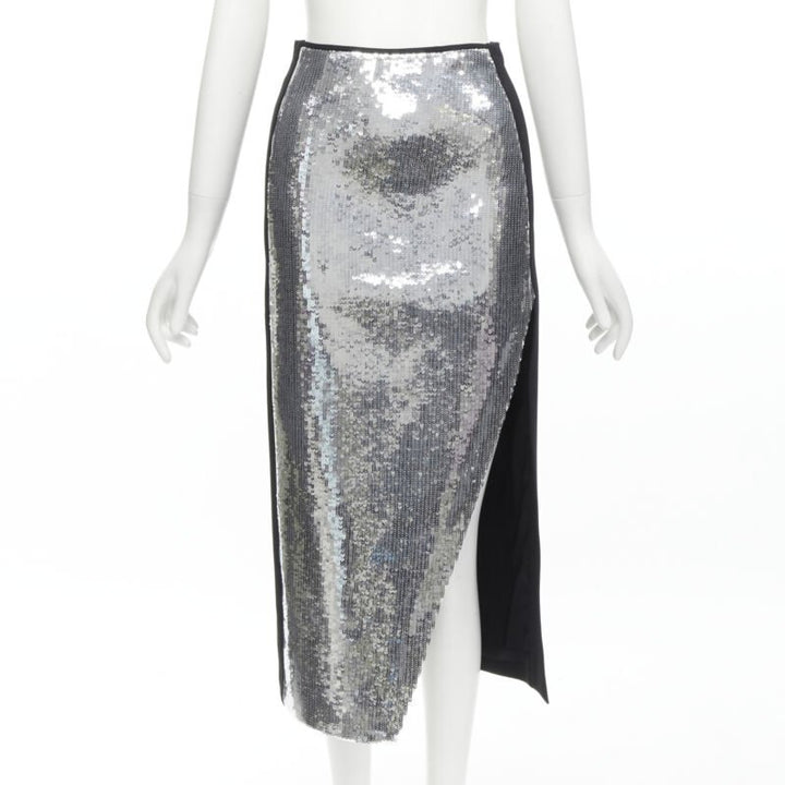 DAVID KOMA silver sequins midriff crop top asymmetric high slit skirt set UK6 XS