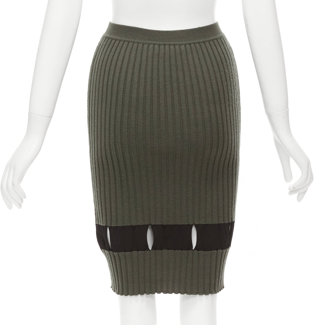 ALEXANDER WANG khaki black ribbed cut out pencil knee skirt XS