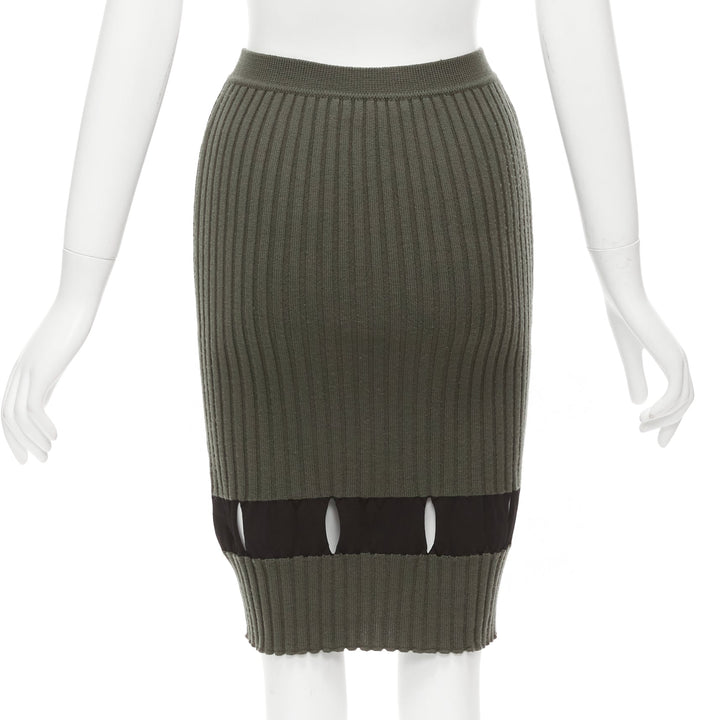 ALEXANDER WANG khaki black ribbed cut out pencil knee skirt XS