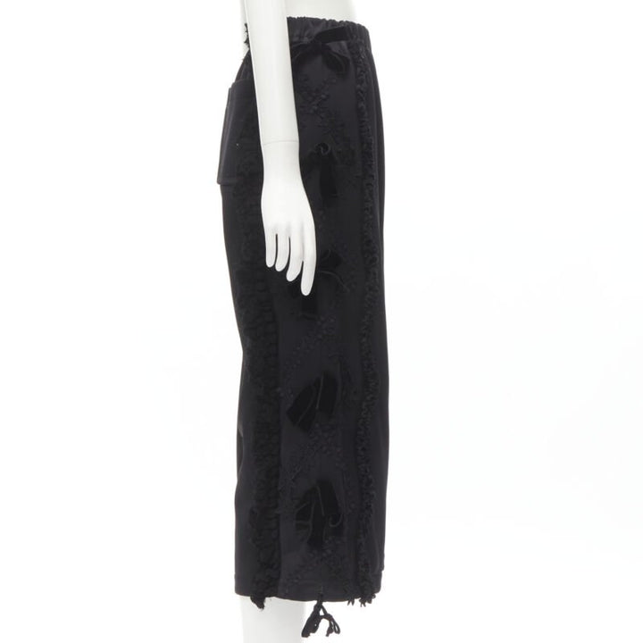TRICOT COMME DES GARCONS black ruffle floral velvet ribbon trim wide pants S