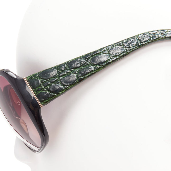 LINDA FARROW Luxe LFL18 green scaled leather arms black oversized sunglasses