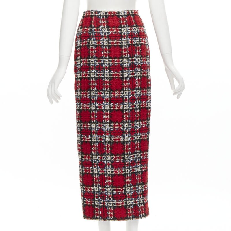 HALPERN red plaid check tweed high slit pencil midi skirt FR34 XS