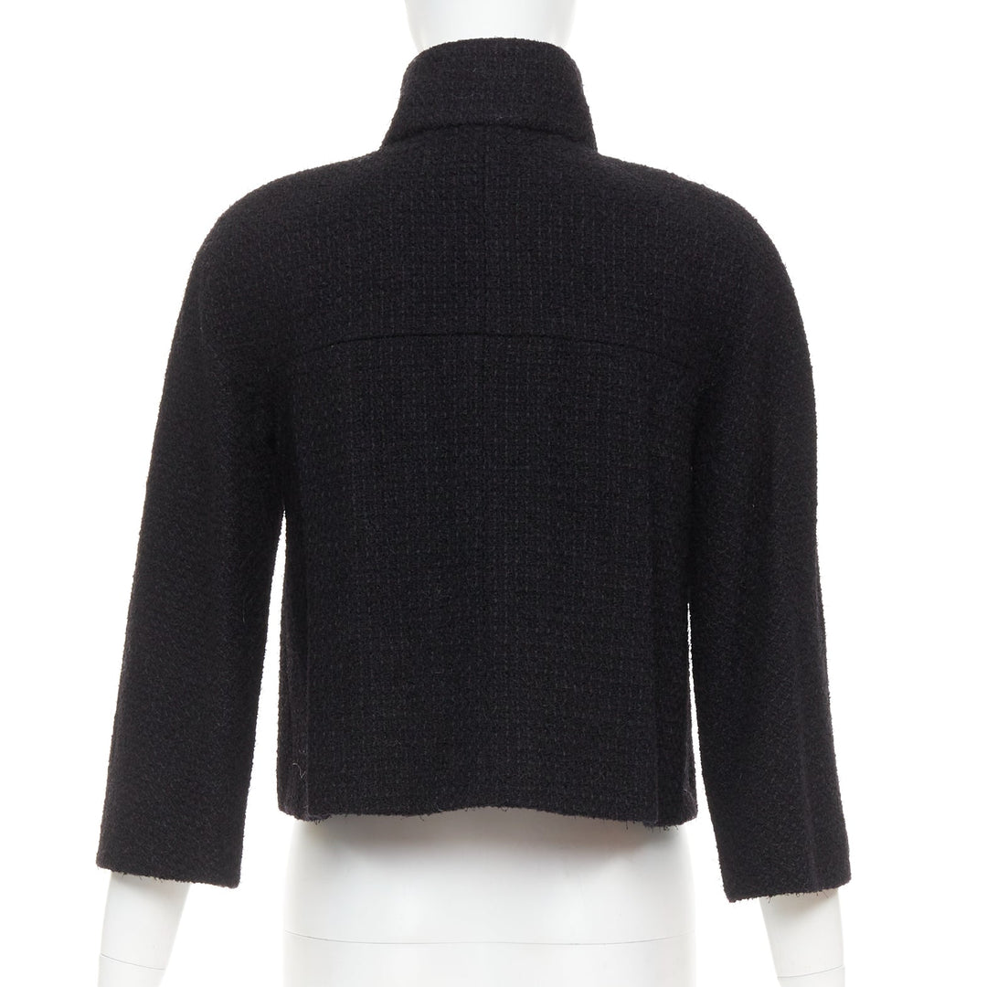 CHANEL 19A black wool tweed CC logo buttons high collar crop jacket FR34 XS
