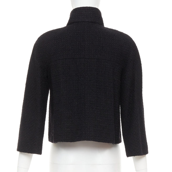 CHANEL 19A black wool tweed CC logo buttons high collar crop jacket FR34 XS