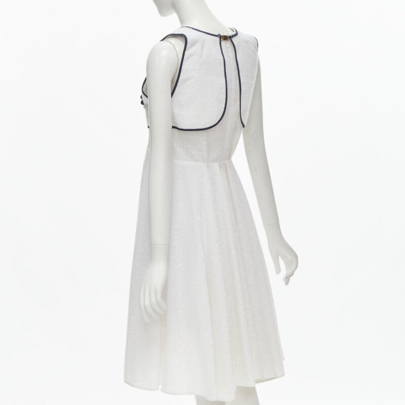 KIRSTY WARD white metallic tinsel blue wire bead embellished dress UK10 M