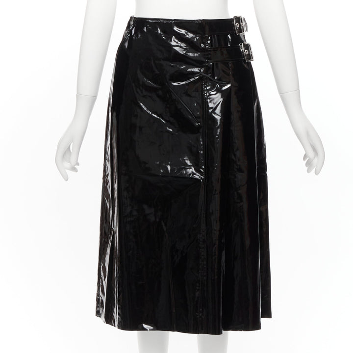 GUCCI black coated cotton vinyl silver buckle punk kilt pleated skirt IT38 XS