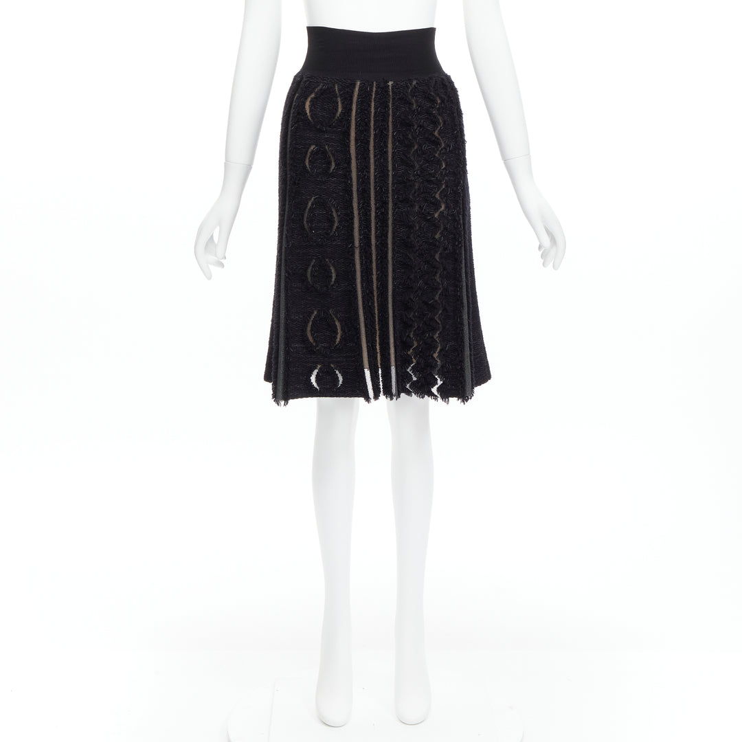 LOUIS VUITTON black wool blend grey lucid mesh cutout knit knee skirt XS