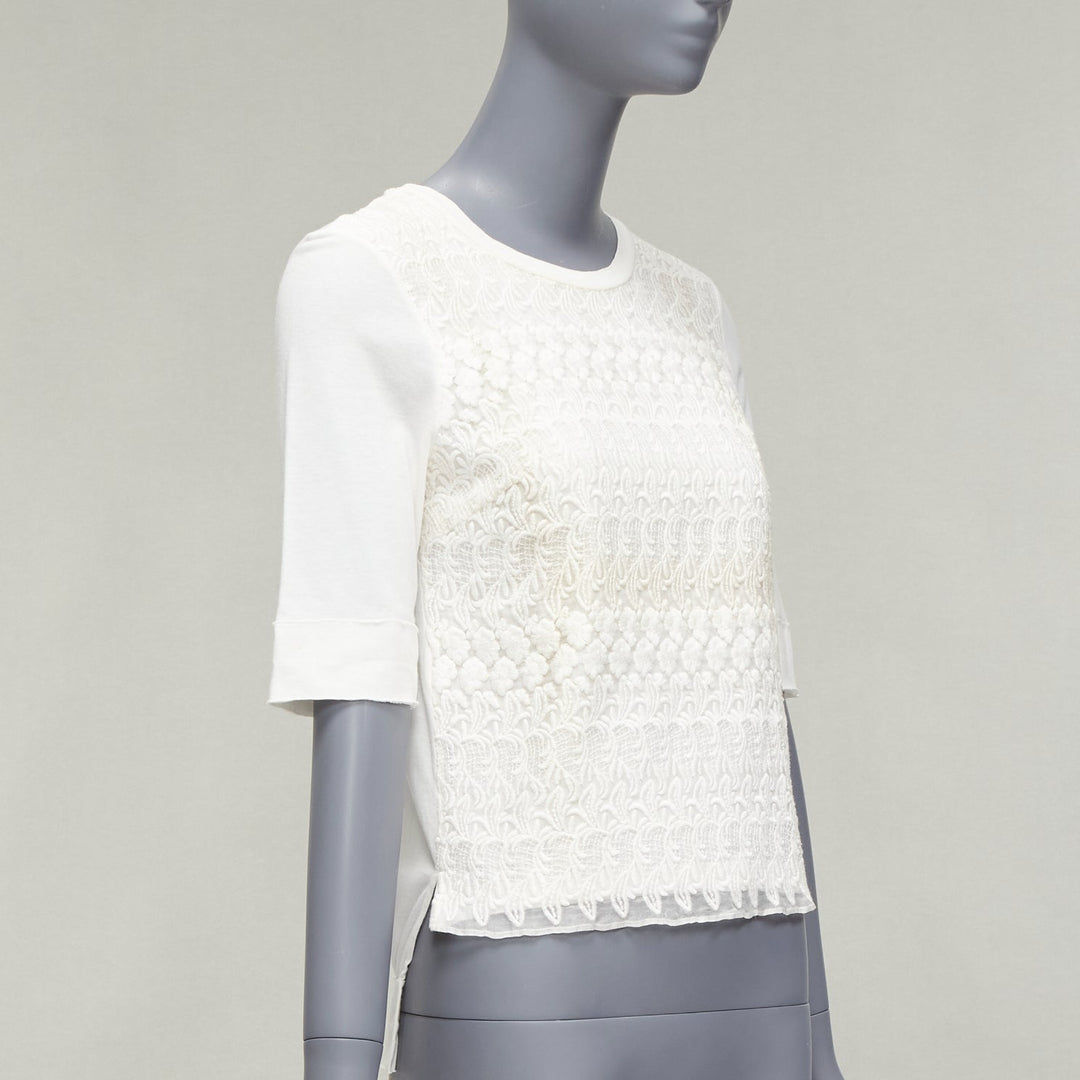 GIAMBATTISTA VALLI white cotton blend lace overlay front tshirt IT38 XS