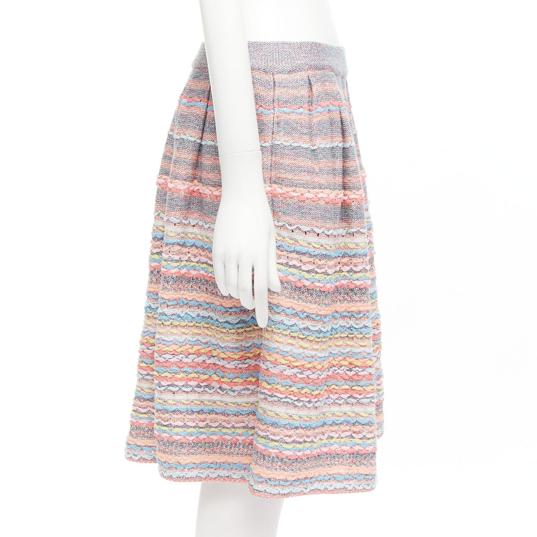 CHANEL 18P rainbow silk cotton cashmere ribbon tweed knee length skirt FR40 L