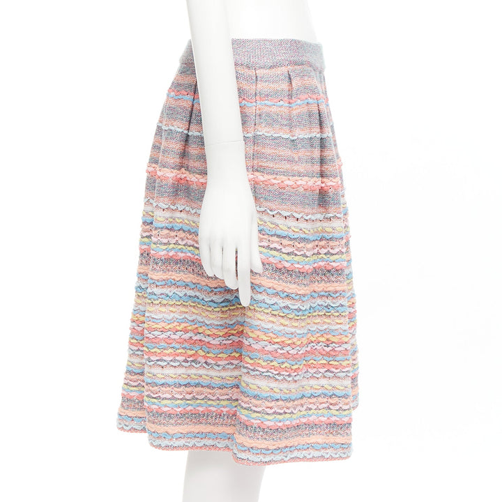 CHANEL 18P rainbow silk cotton cashmere ribbon tweed knee length skirt FR40 L